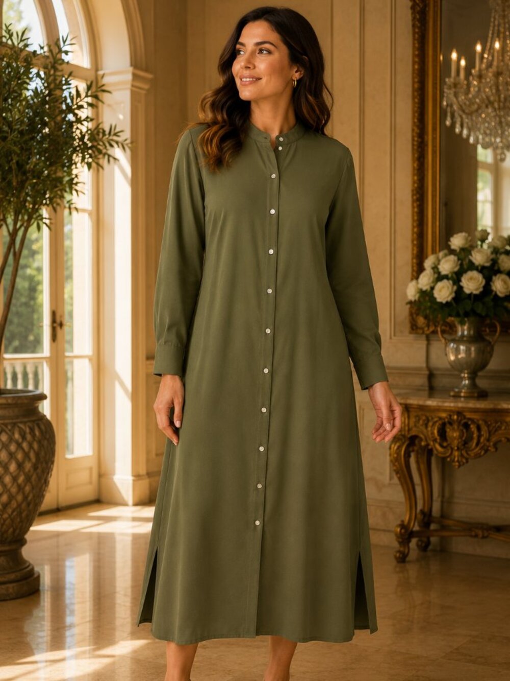 ALLDAY Olive Green Button Front Maxi Dress Long Sleeve Size 40